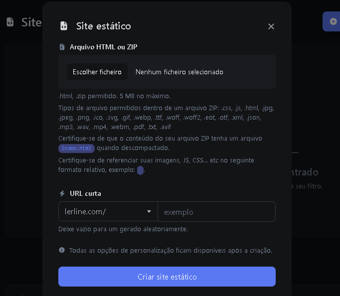 Captura de tela do sistema de hospedagem de sites estáticos do aplicativo