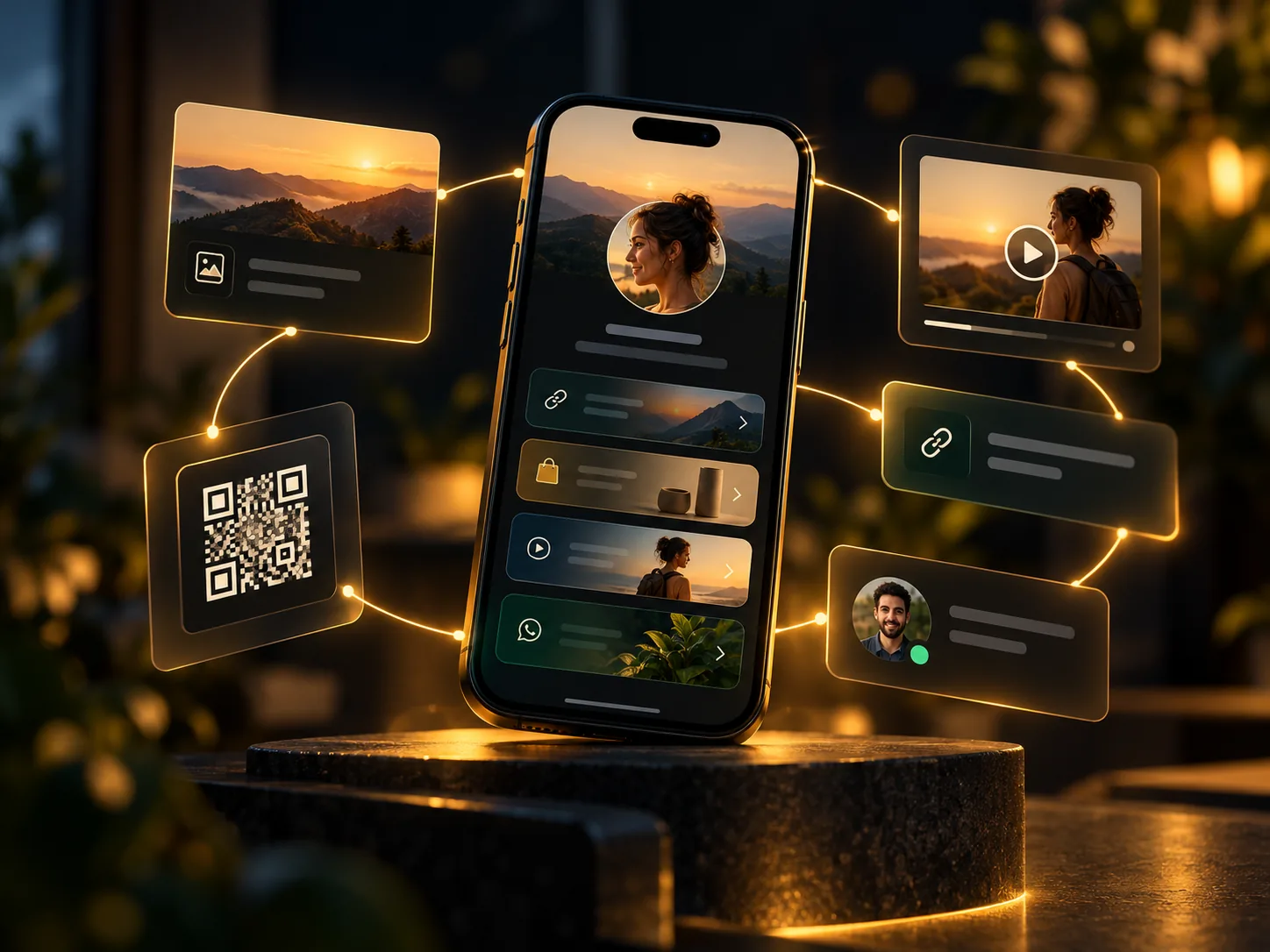 Página de biolink conectando conteúdo, produtos, QR Code e contato
