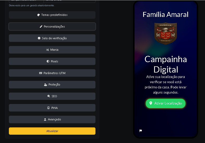 Captura de tela da página de edição de biolink do aplicativo