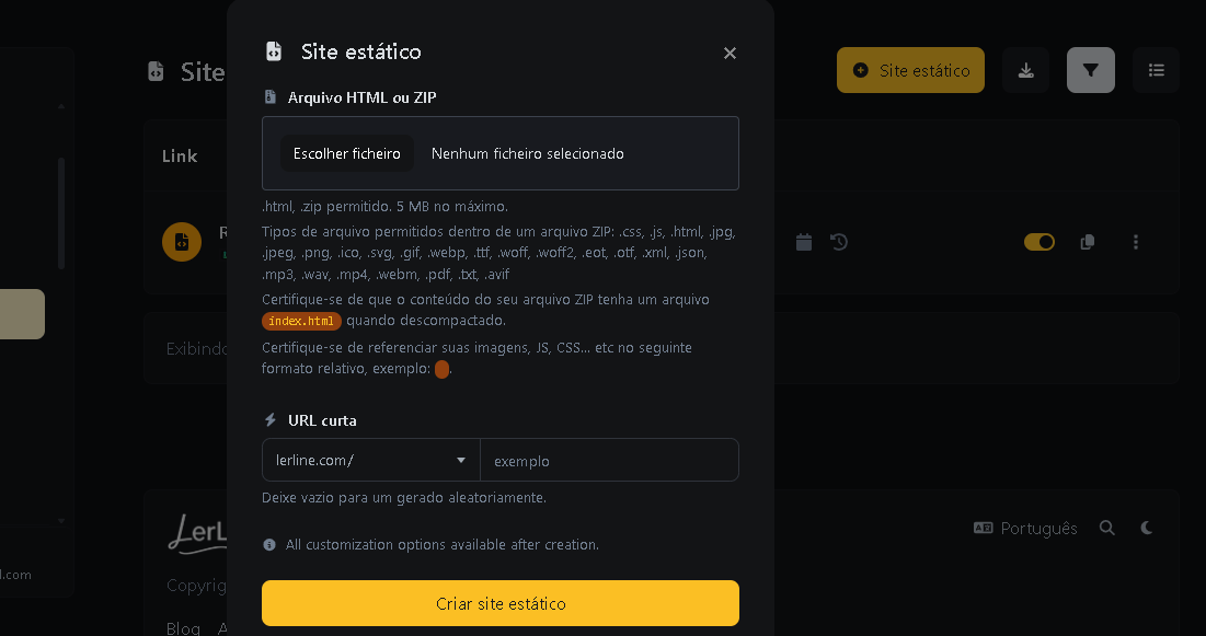 Captura de tela do sistema de hospedagem de sites estáticos do aplicativo