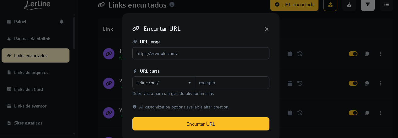 Captura de tela da página de edição de URL curta do aplicativo